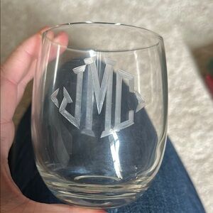 JMC monogrammed stemless wine glasses